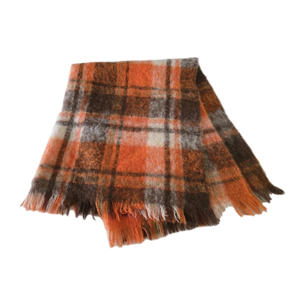 Vintage Australia Mohair Throw Blanket Orange Plaid Fringe by Taranpaul 46x37"